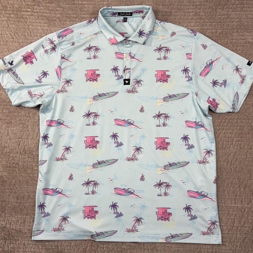 Bad Birdie Mens 2XL La Paloma Tropical Speedboat Golf Polo Shirt Light Blue Pink